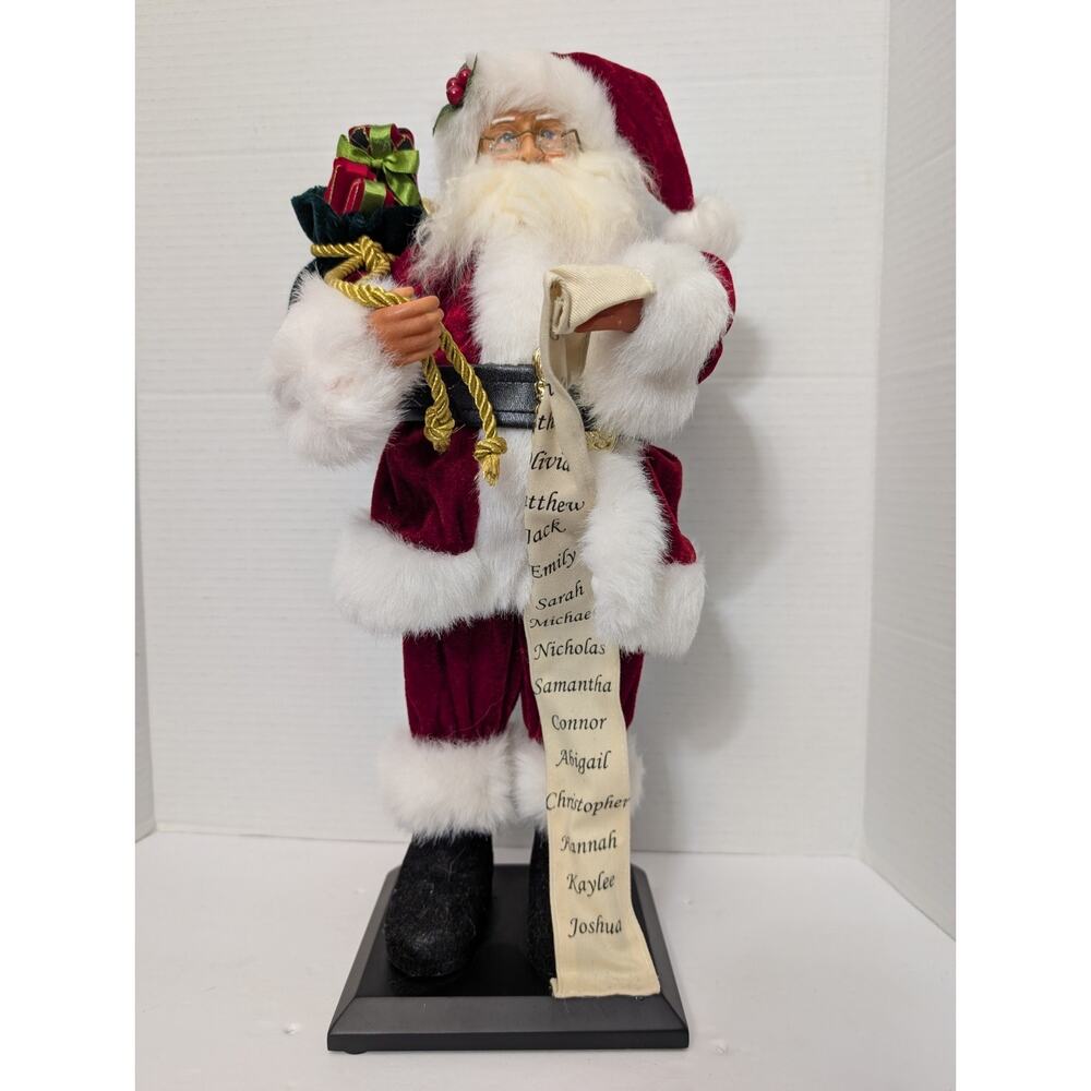 Vintage Santa Claus Figurine Velvet Suit Glasses Gift Bag and Naughty Nice List